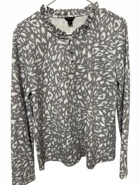 Ann Taylor Women's Large Gray White Print Ruffle Neck Long Sleeve Top